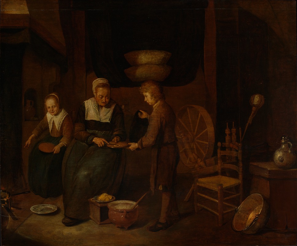 Quirijn Van Brekelenkam - Old woman baking pancakes, with two children