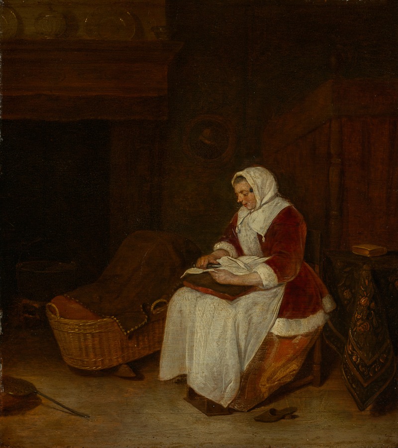 Quirijn Van Brekelenkam - Seated woman with velvet jacket sewing