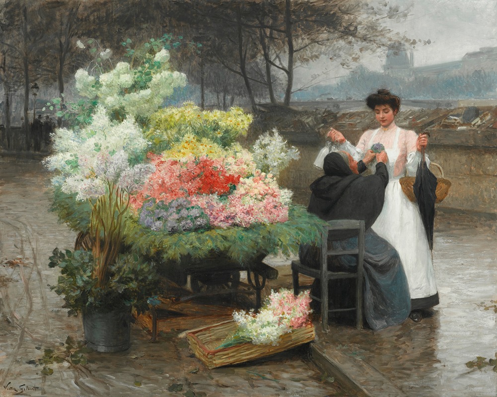 Victor Gabriel Gilbert - La marchande de fleurs sur les Quais à Paris, circa 1890