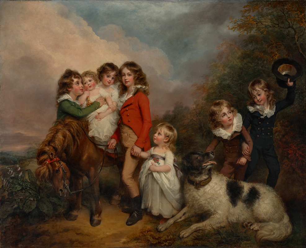 Arthur William Devis - Portrait of the children of Benjamin Goldsmid, with a pony and a dog in a landscape