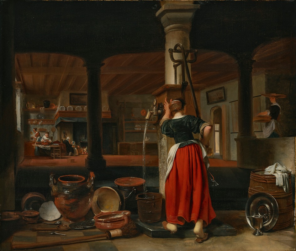 Cornelis Bisschop - A maid pumping water in a kitchen interior