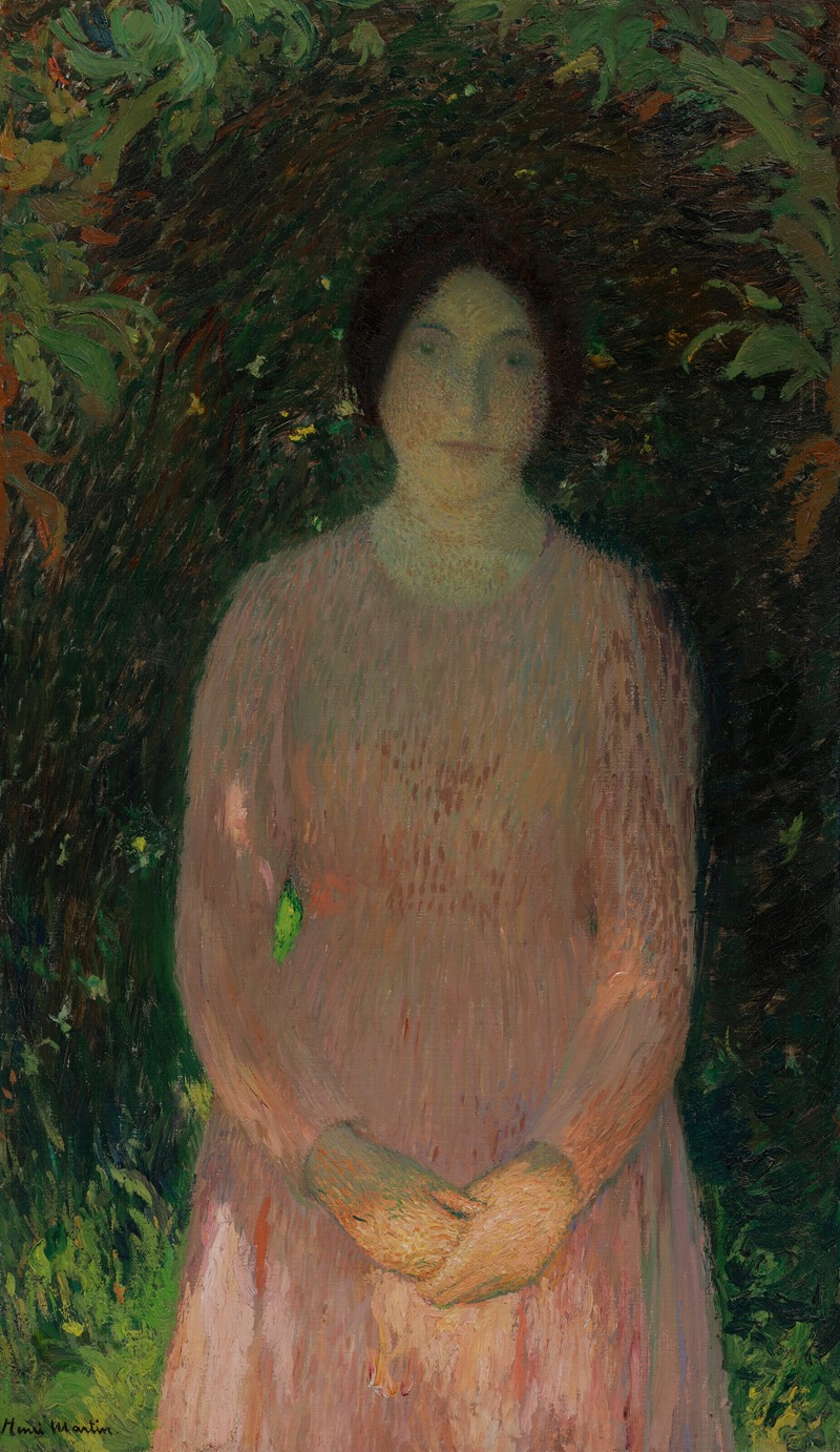 Henri Martin - Jeune fille en rose sous une voûte de feuillage