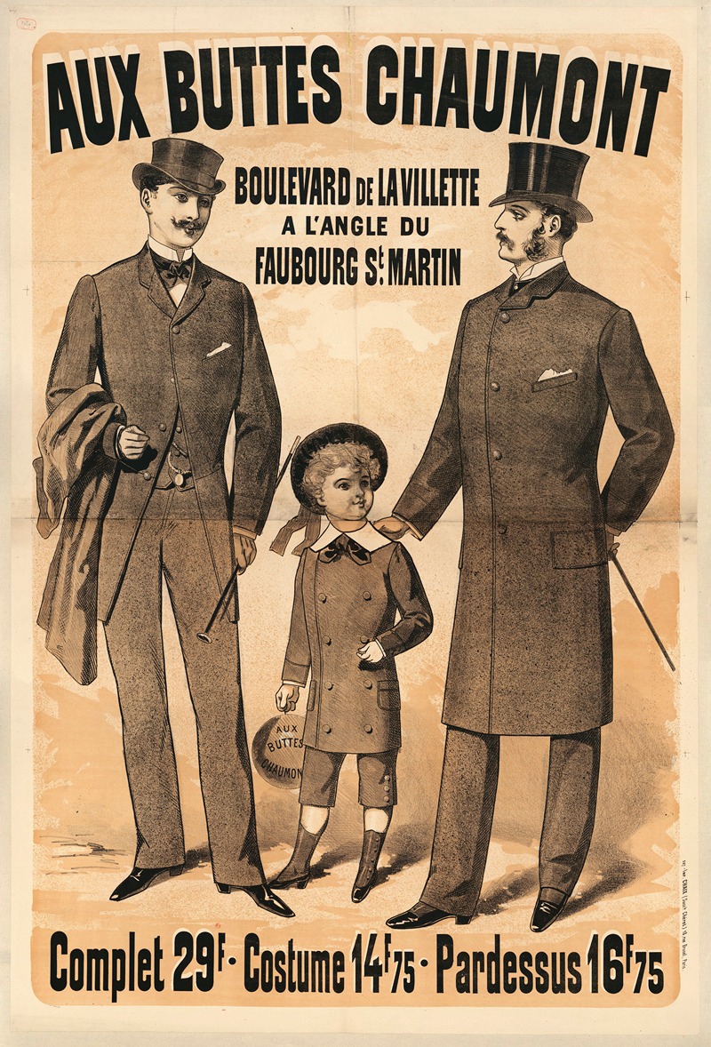 Jules Chéret - Aux Buttes Chaumont …, Complet 29f.- Costume 14f75 – Pardessus 16f75