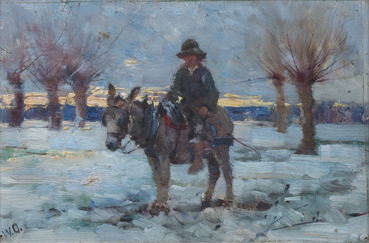 Walter Frederick Osborne - Boy on a donkey in a snowy landscape