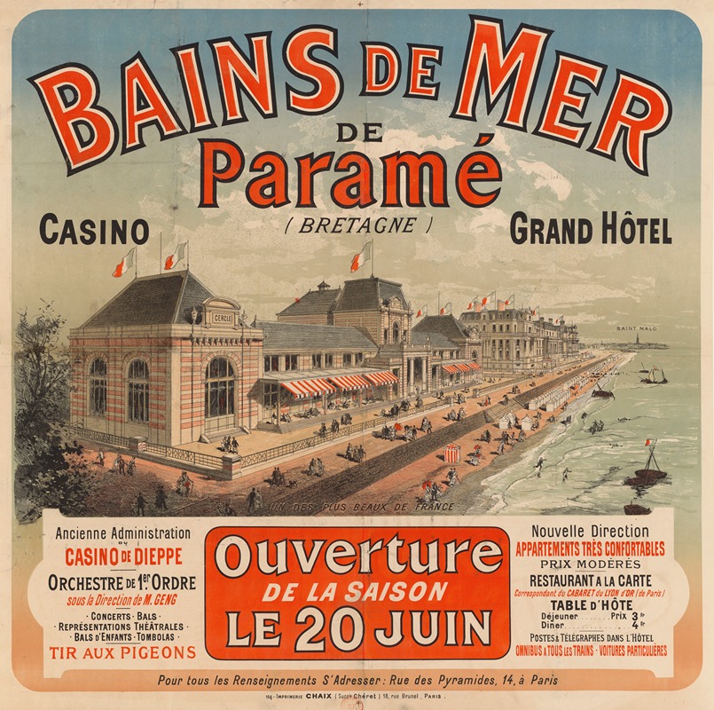 Jules Chéret - Bains de mer de Paramé (Bretagne), Grand Hôtel, ouverture de la saison le 20 juin