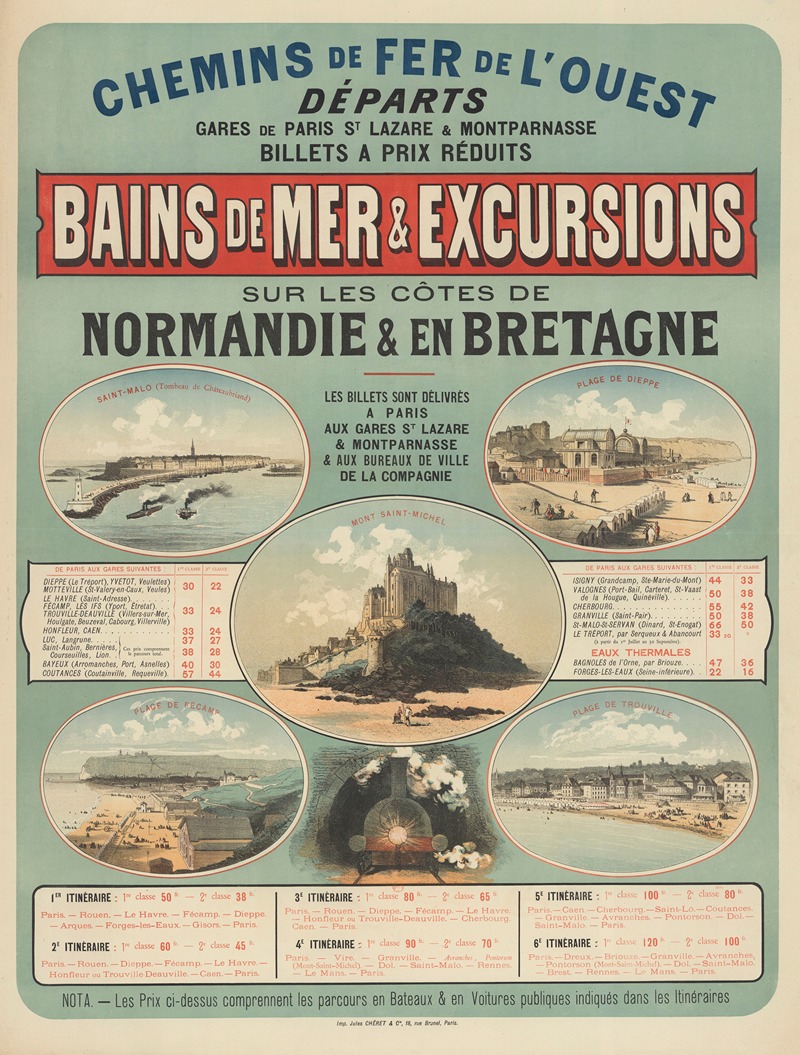 Jules Chéret - Chemins de Fer de l’Ouest. Bains de mer & excursions sur les côtes de Normandie & en Bretagne