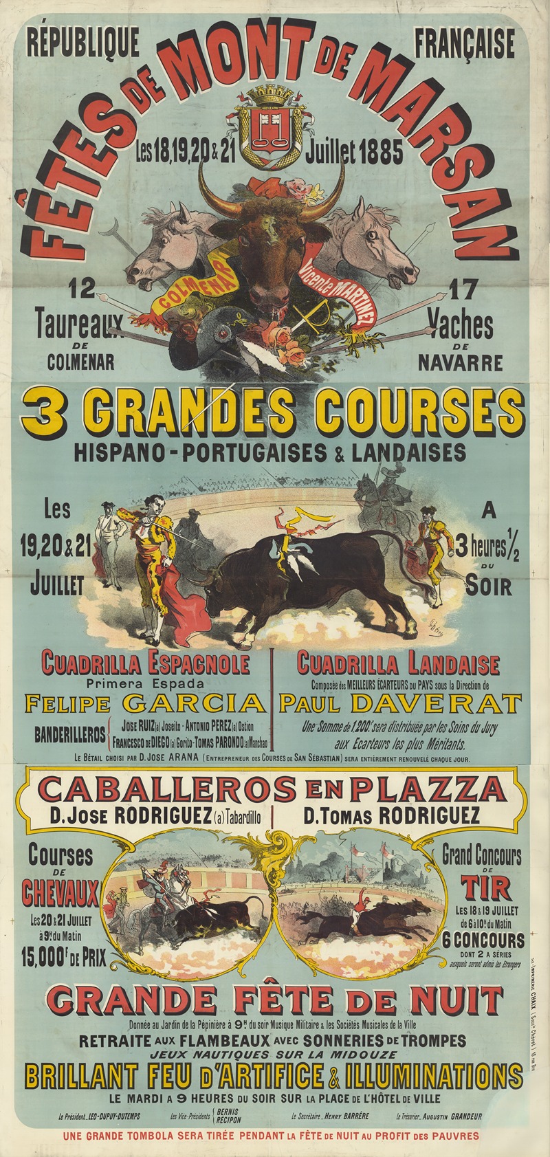 Jules Chéret - Fêtes de Mont de Marsan. Les 18, 19, 20 et 21 juillet 1885. 3 grandes courses de taureaux hispano-portugaises & landaises