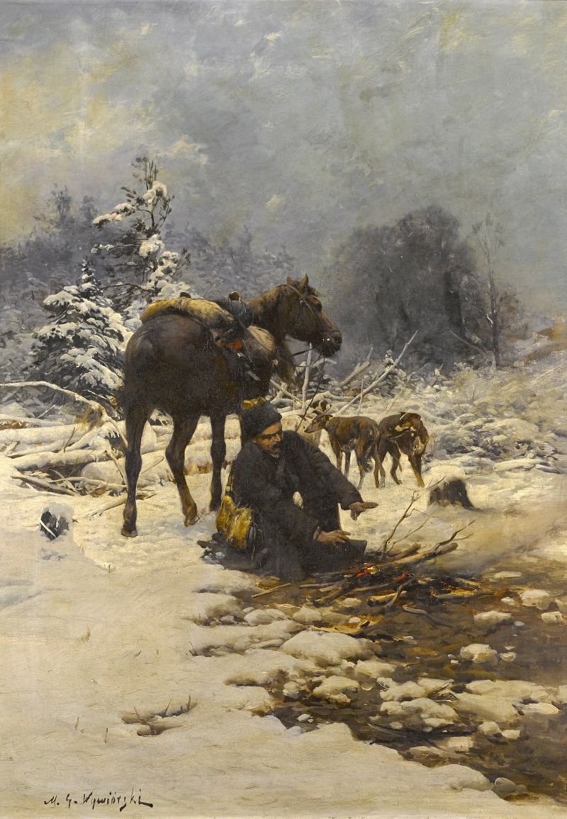 Michał Gorstkin-Wywiórski - A hunter in the snow warming his hands by a fire