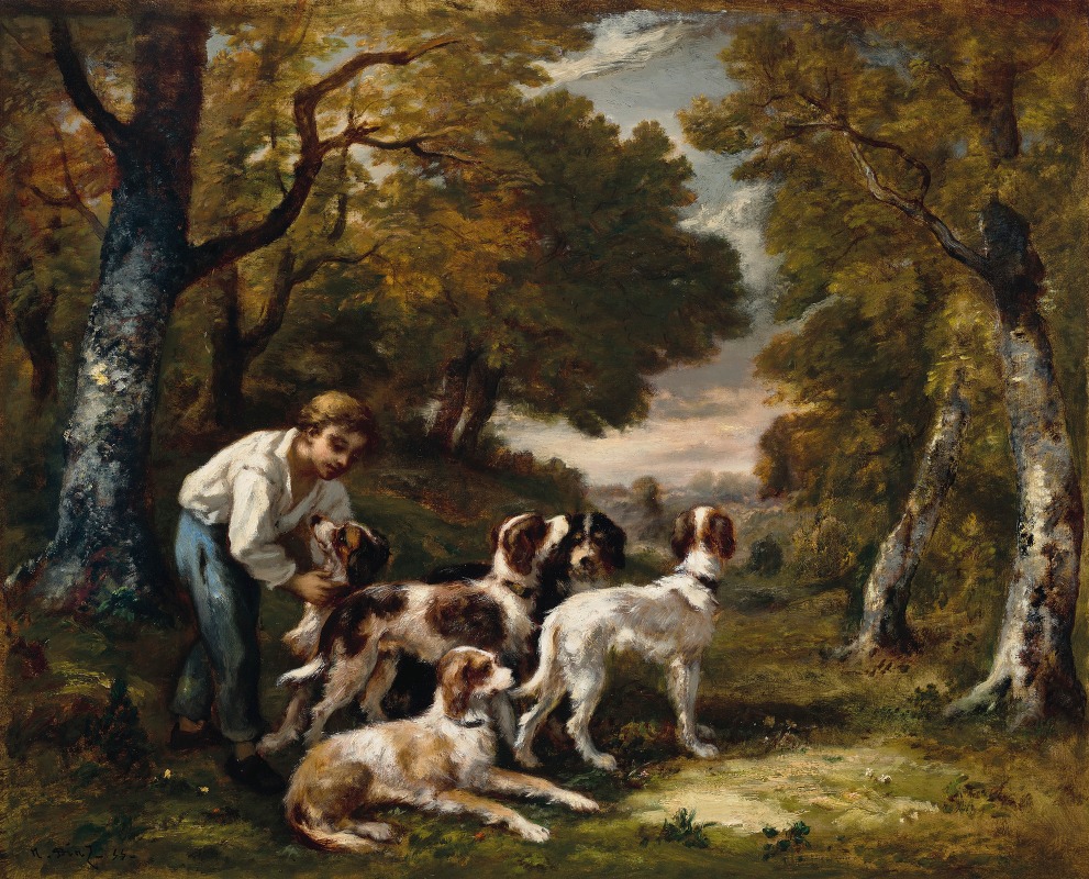 Narcisse-Virgile Diaz de La Peña - Garçon et cinq chiens en forêt