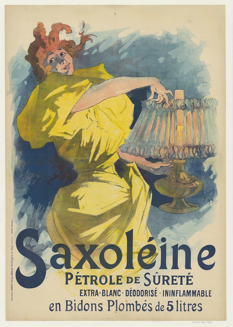 Jules Chéret - Saxoléine, Pétrole de Sûreté. Extra-blanc, déodorisé, ininflammable. En bidons plombés de 5 litres