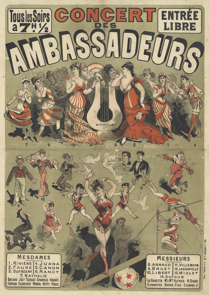 Jules Chéret - Tous les soirs. Concert des Ambassadeurs. Mesdames Rivière, Faure, Dufresny, Messieurs Arnaud, Bruet, Libert