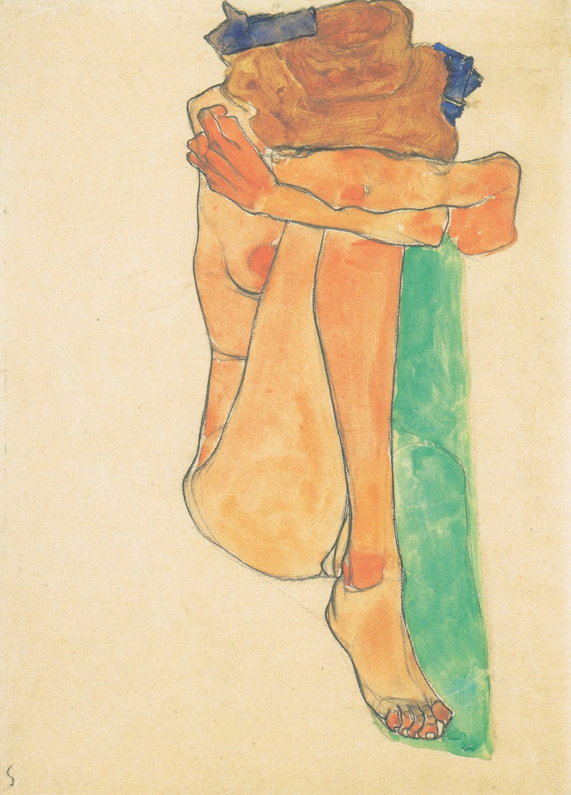 Egon Schiele - Weiblicher Akt mit grünem Polster