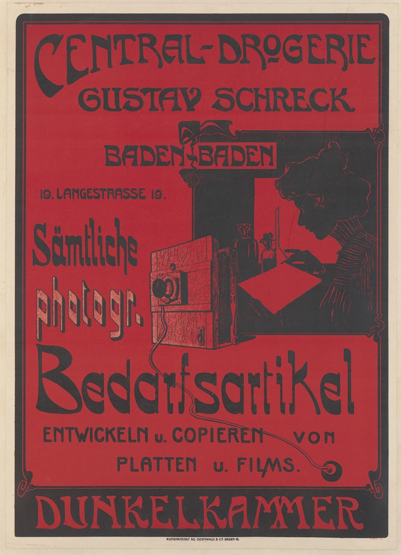 Kunstanstalt Ad. Odenwald & Cie - Central-Drogerie Gustav Schreck, Baden-Baden. Sämtliche Photogr. Bedarfsartikel