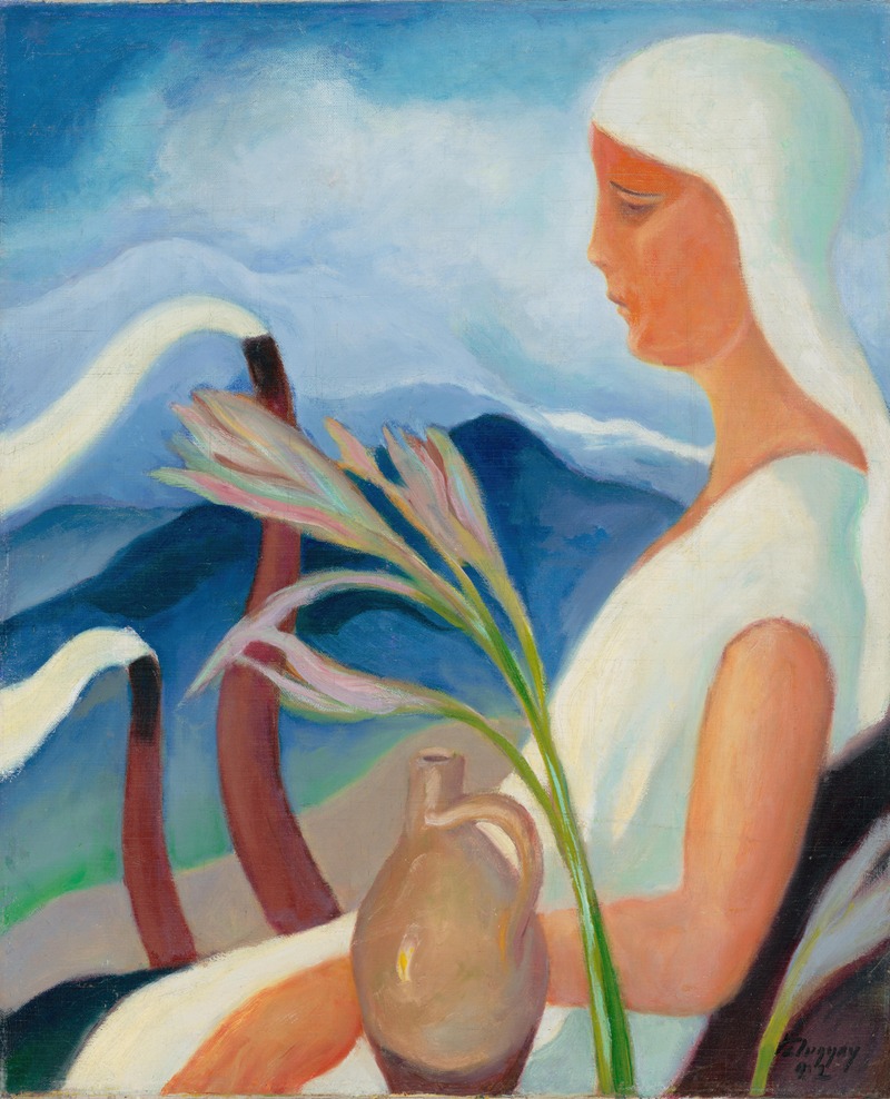 Zolo Palugyay - Girl in White with Factory Chimneys and Flowers