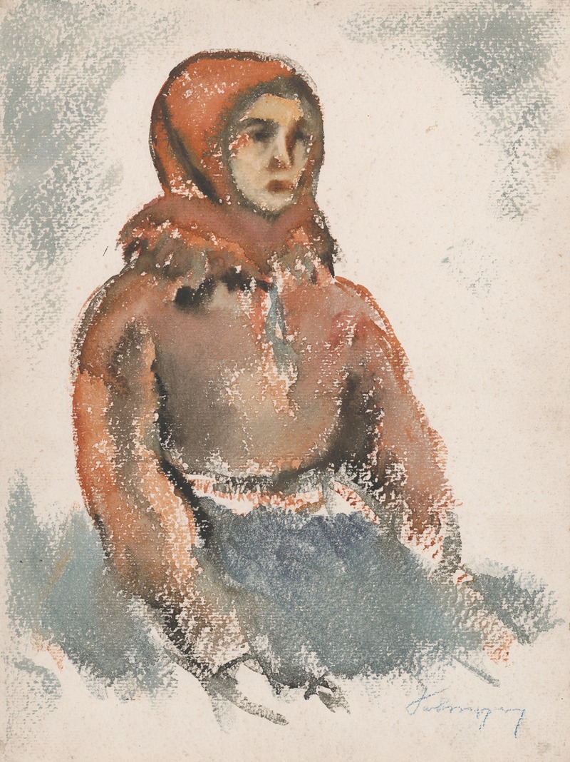 Zolo Palugyay - Seated Girl with a Red Woolen Scarf