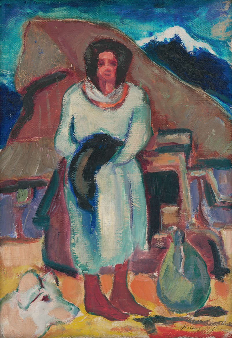 Zolo Palugyay - Study of a Village Girl in front of a Cottage