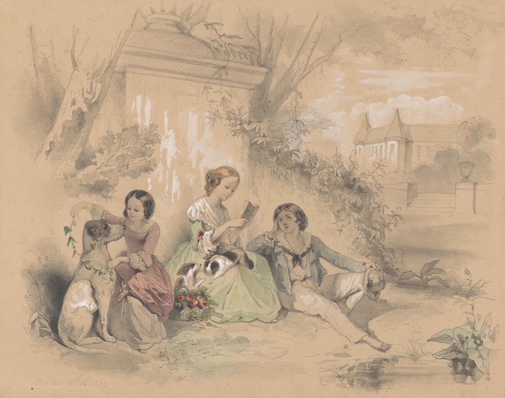 August Allebé - Drie kinderen in een kasteeltuin, lezend en spelend met honden