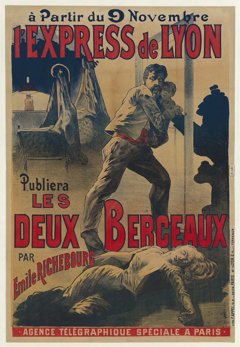 Lith. F. Appel - A partir du 9 novembre, l’Express de Lyon publiera, les Deux berceaux par Emile Richebourg