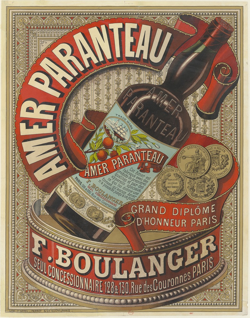 Lith. F. Appel - Amer Paranteau. F. Boulanger seul concessionnaire, 128 & 130 rue des Couronnes, Paris