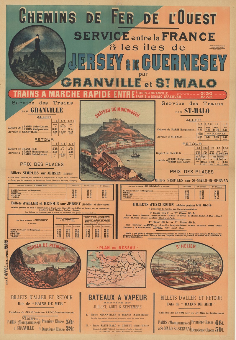 Lith. F. Appel - Chemins de Fer de l’Ouest. Service entre la France & les Iles de Jersey & de Guernesey par Granville et St Malo