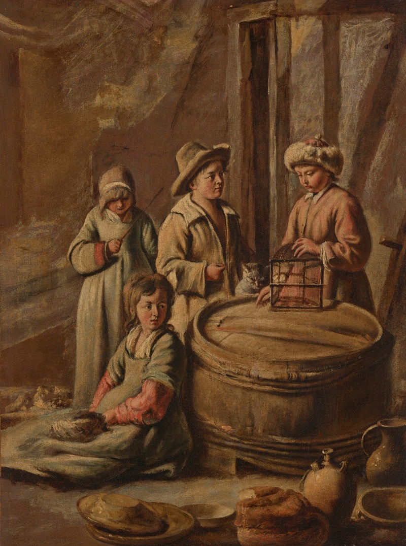 Le Nain family - Children with a cage