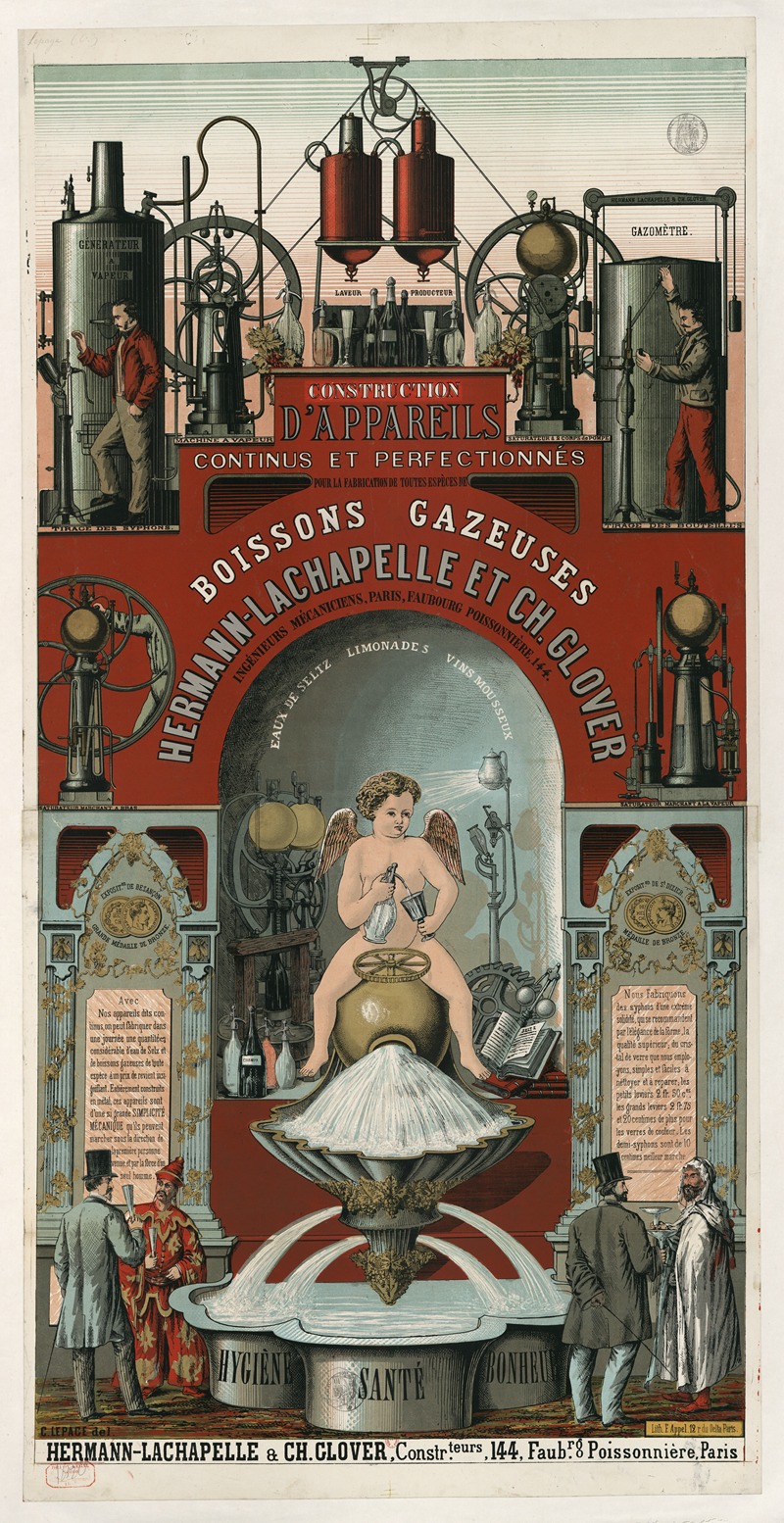 Lith. F. Appel - Construction d’appareils continus et perfectionnés. boissons gazeuses. Hygiène, santé, bonheur. Hermann-Lachapelle & Ch. lover