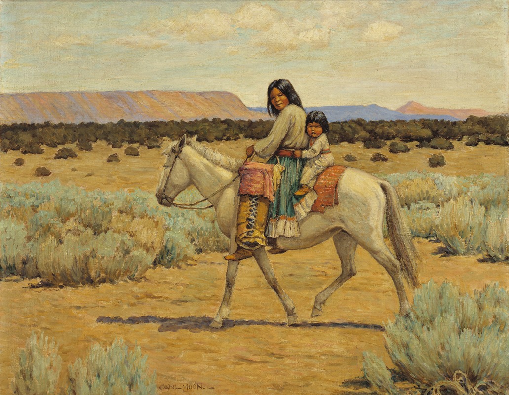 Carl Moon - Apache Mother and Children on Horseback