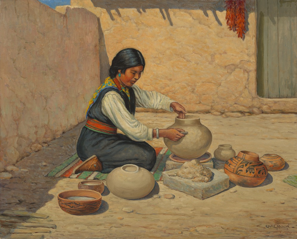 Carl Moon - Hopi Woman Making Pottery