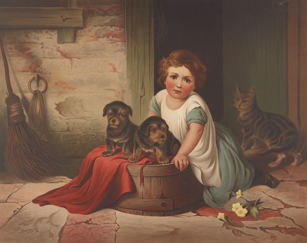 James Fuller Queen - Small girl leaning against an overturned wash tub on which two puppies have been placed