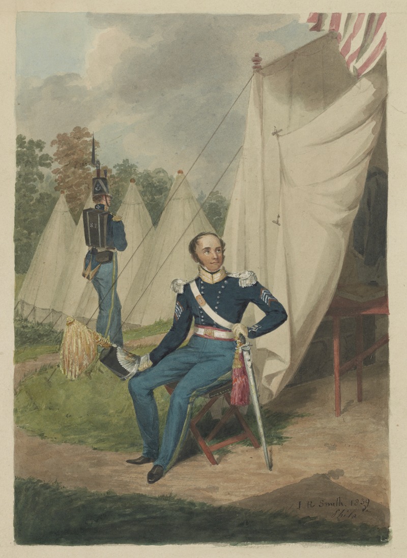 John Rubens Smith - Officer from the First Troop, Philadelphia, seated by a tent in which a writing desk is visible