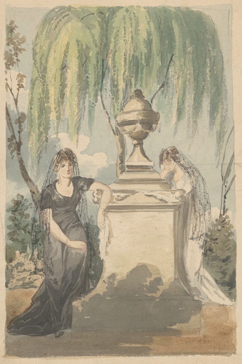 John Rubens Smith - Preliminary design for mourning scene; two veiled women grieving over funerary monument with urn, weeping willow in background