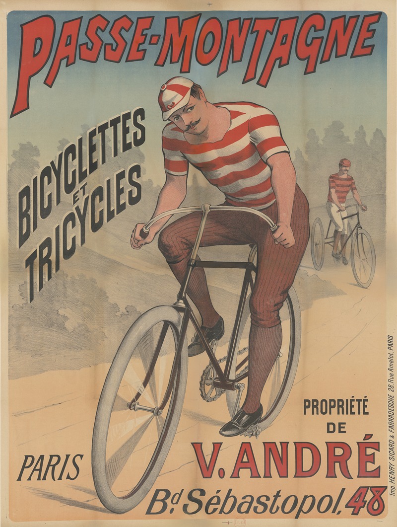 lith. Henry Sicard & Farradesche - Passe – Montagne, bicyclettes et tricycles. Propriété de V. André. Paris, Boulevard Sébastopol, 48