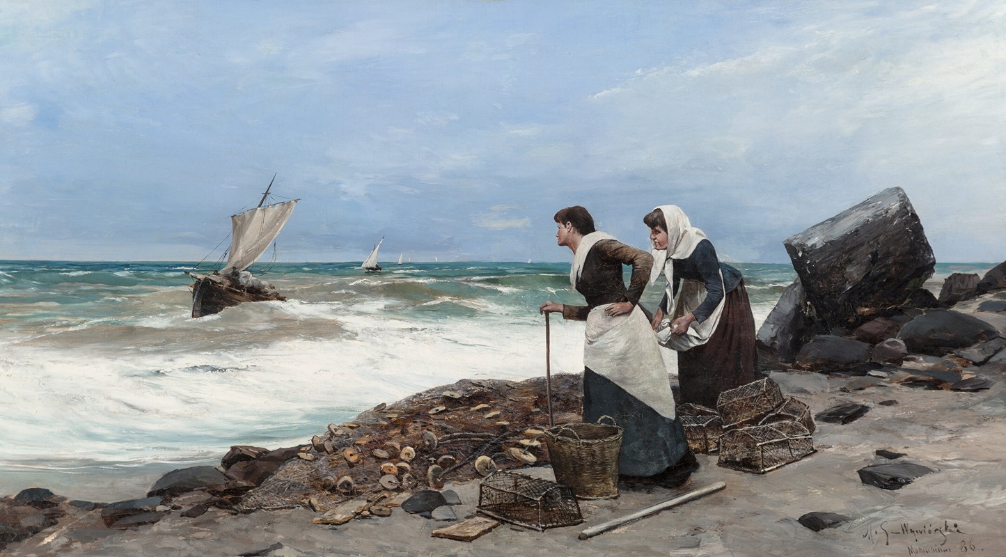 Michael Gortskin Wywiorsky - Women on Shore with Fishing Nets and Baskets