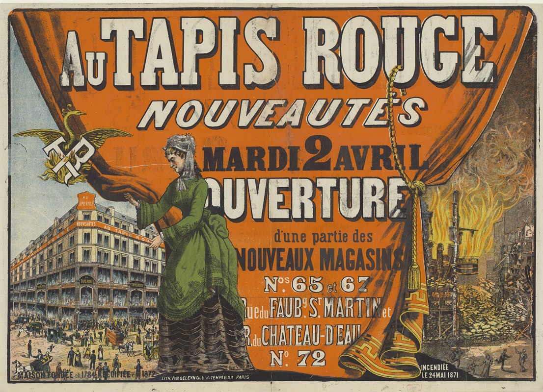 Lith. Van Geleyn - Au Tapis Rouge, Nouveautés. Mardi 2 avril, Ouverture d’une partie des nouveaux magasins