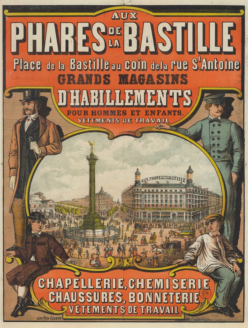 Lith. Van Geleyn - Aux Phares de la Bastille, place de la Bastille au coin de la rue St. Antoine