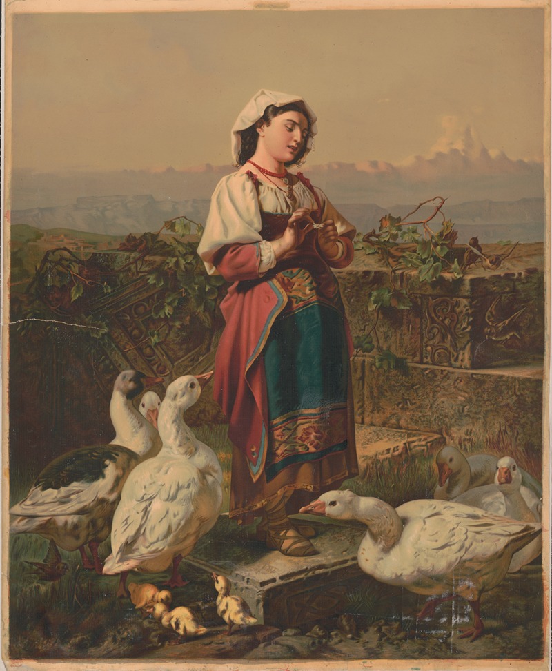 A. & C Kaufmann - Girl with geese and gosslings with mountains in the background