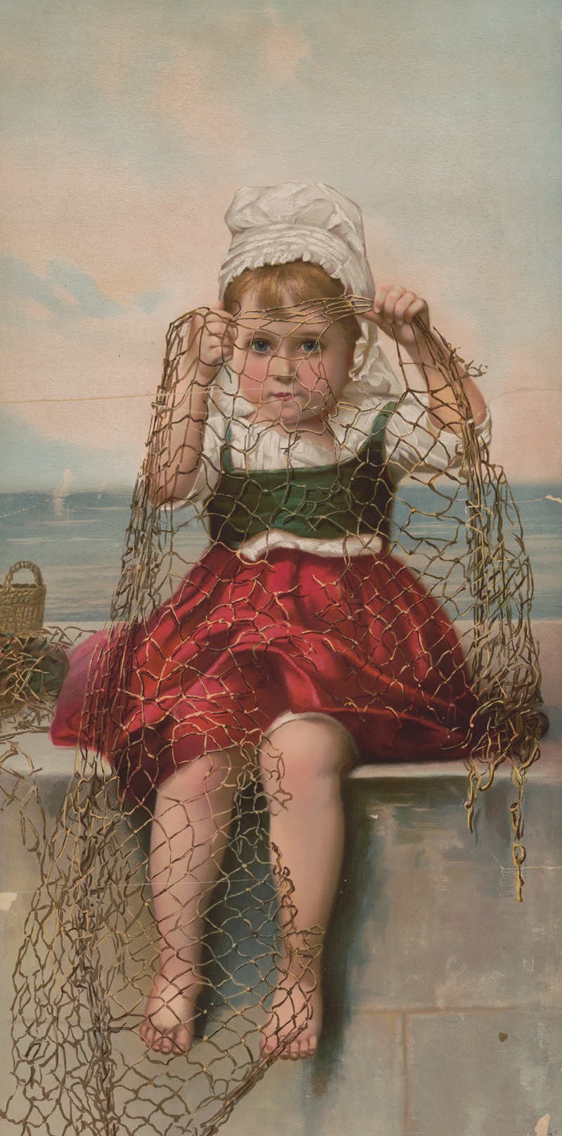 Anonymous - Girl in red and green dress holding fishing net