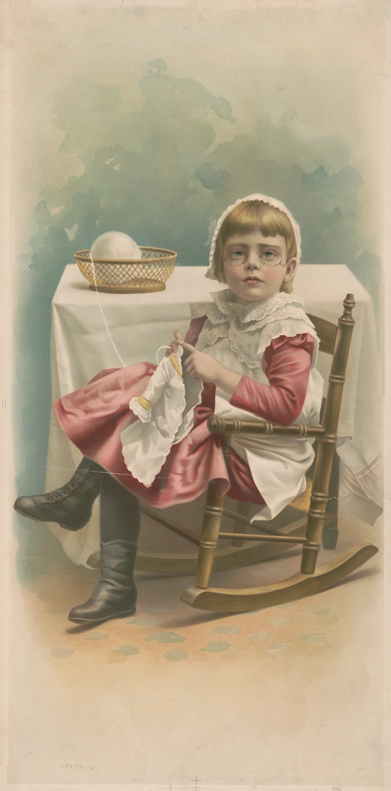 Anonymous - Young girl sitting in a rocking chair, knitting a garment