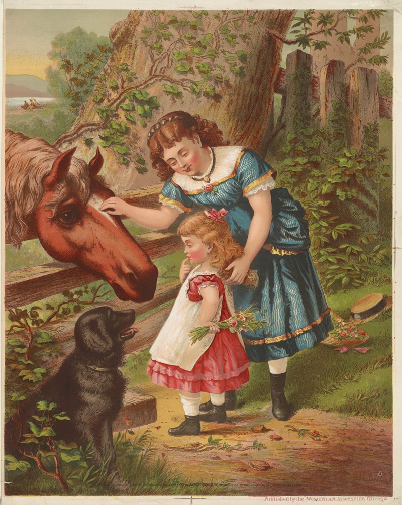 Armstrong & Co. Lith. - Two young girls with horse and dog