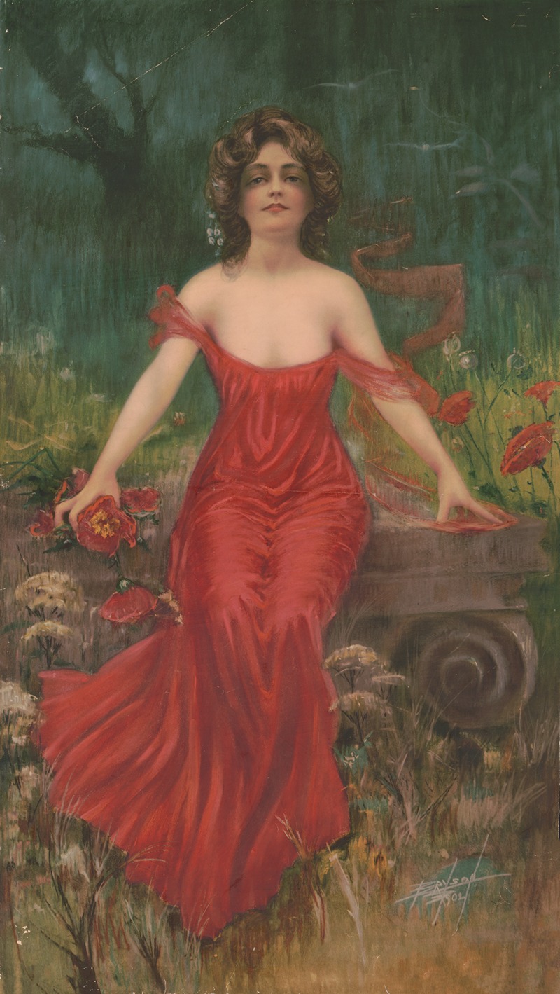Bryson - Woman in red dress seated in garden