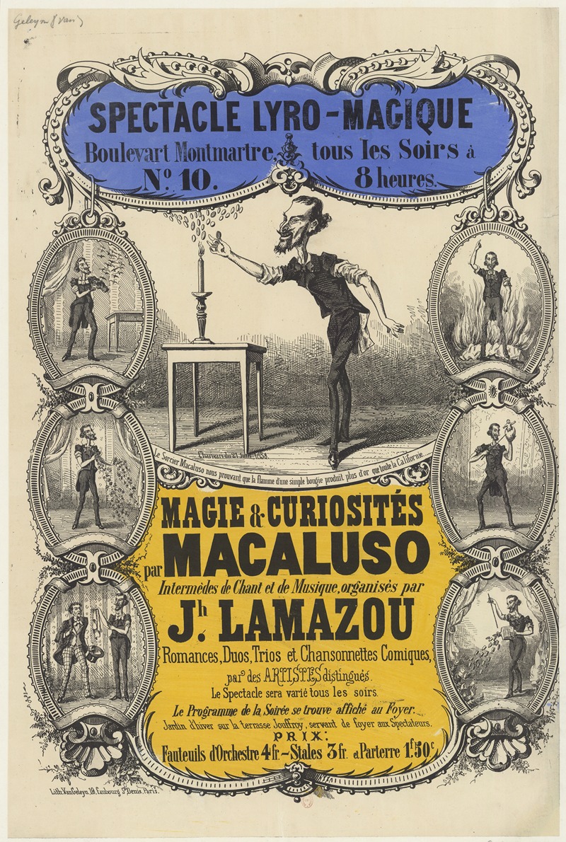 Lith. Van Geleyn - Spectacle lyro-magique, Boulevart sic Montmartre n°10, tous les soirs, Magie & curiosités par Macaluso