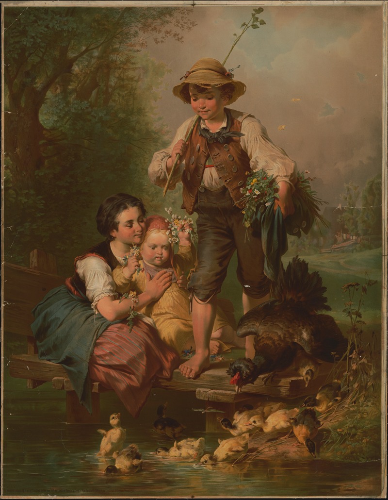 Edmund Foerster & Co. - German boy and girls with flowers watching ducklings