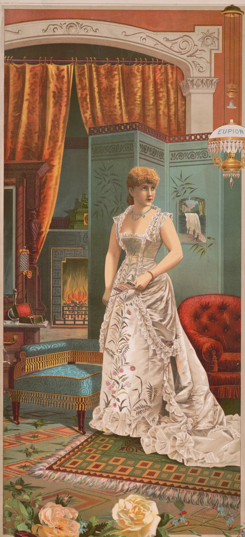 Eupion Oil - Woman in white dress standing holding a Eupion Oil brochure with fireplace and oil lamp in background