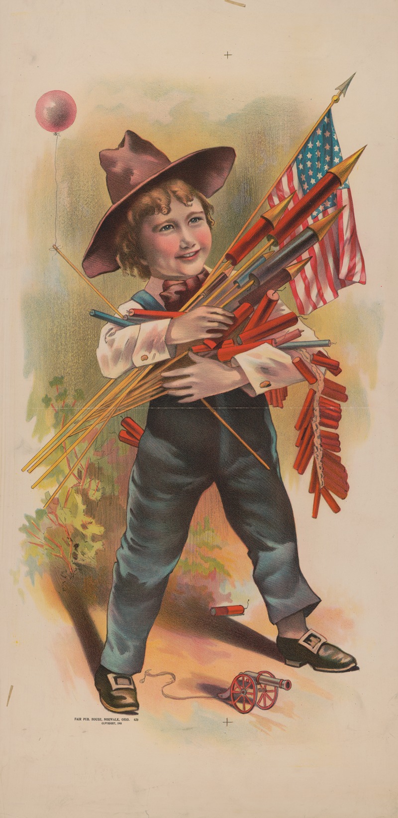 Fair Pub. House - Boy with fireworks, balloon, and toy cannon