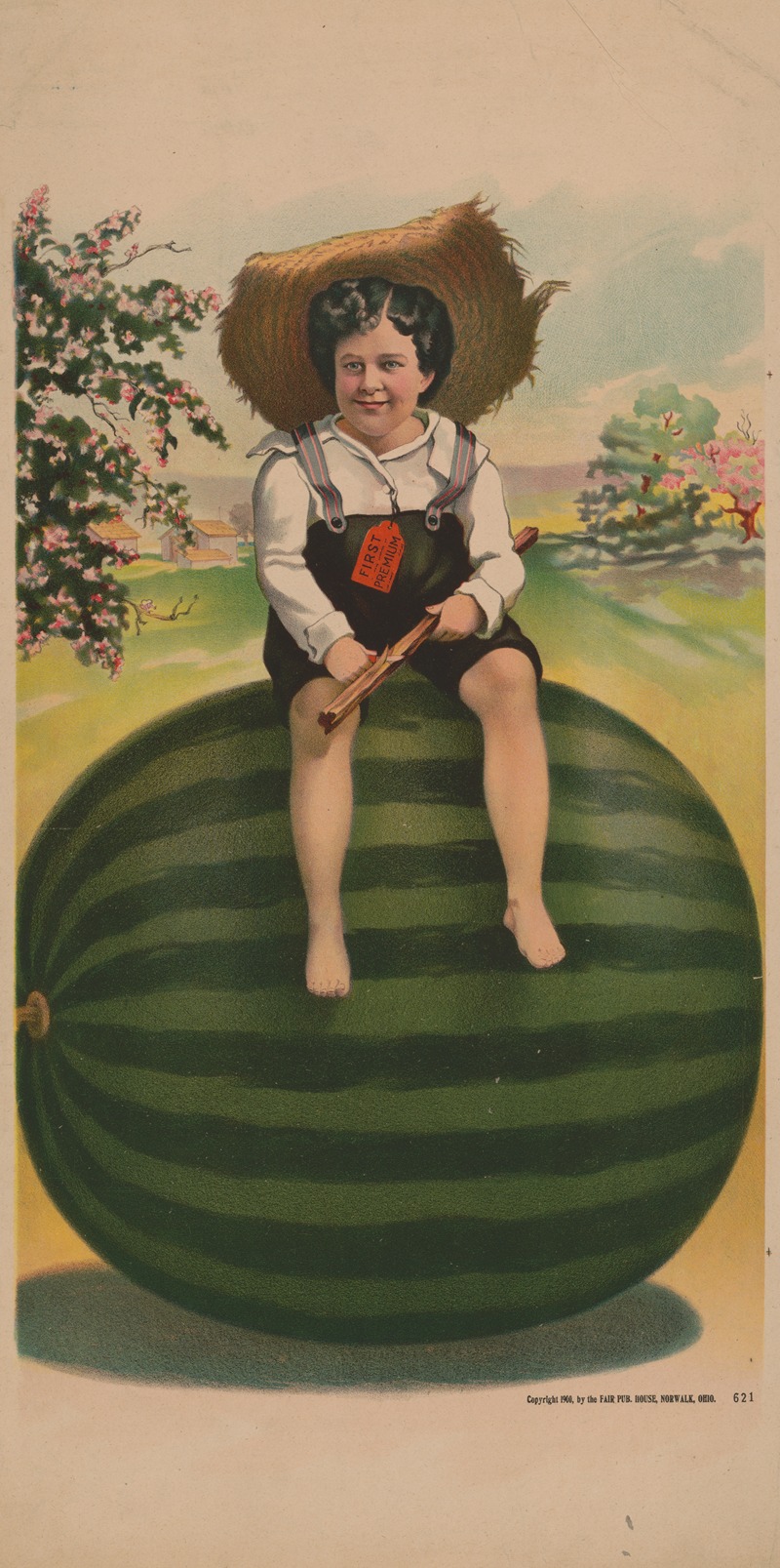 Fair Pub. House - Child in straw hat sitting on a watermelon