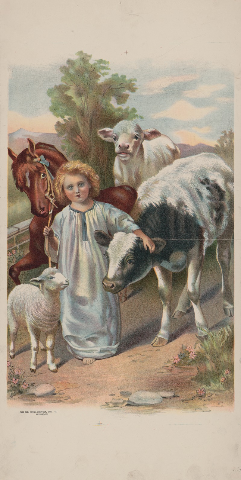 Fair Pub. House - Child with lamb, horse, and cows