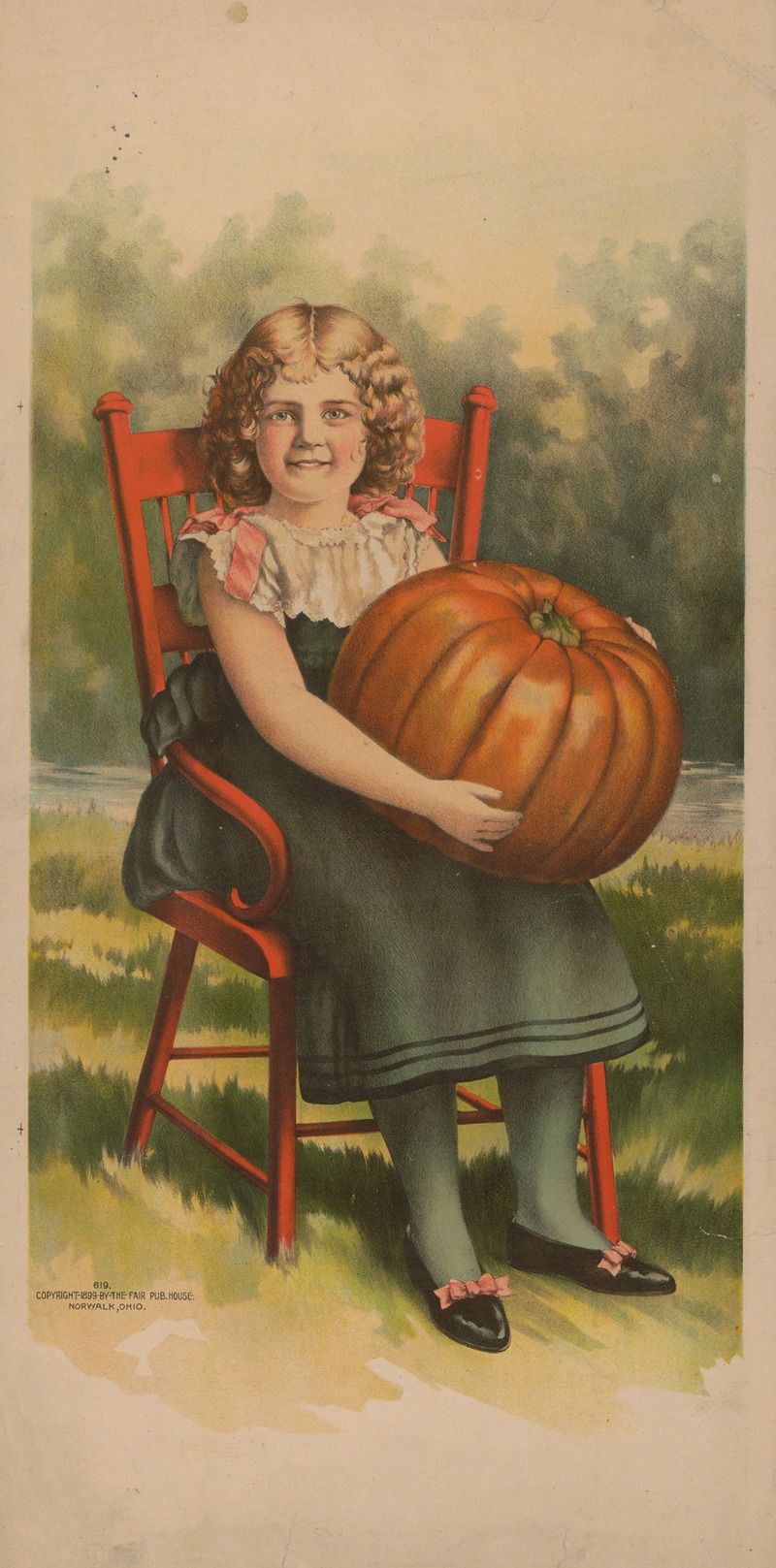 Fair Pub. House - Girl in red chair with pumpkin