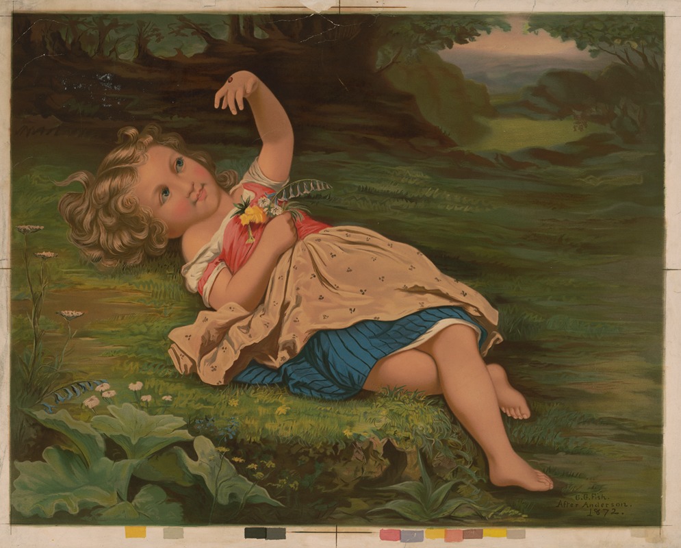 G. G. Fish - Girl reclining on ground with ladybug and flowers