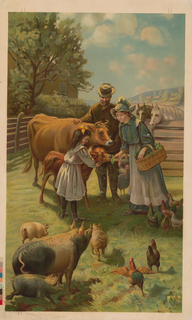 Gray Litho. Co - Man, woman, and little girl feeding a calf at the farm