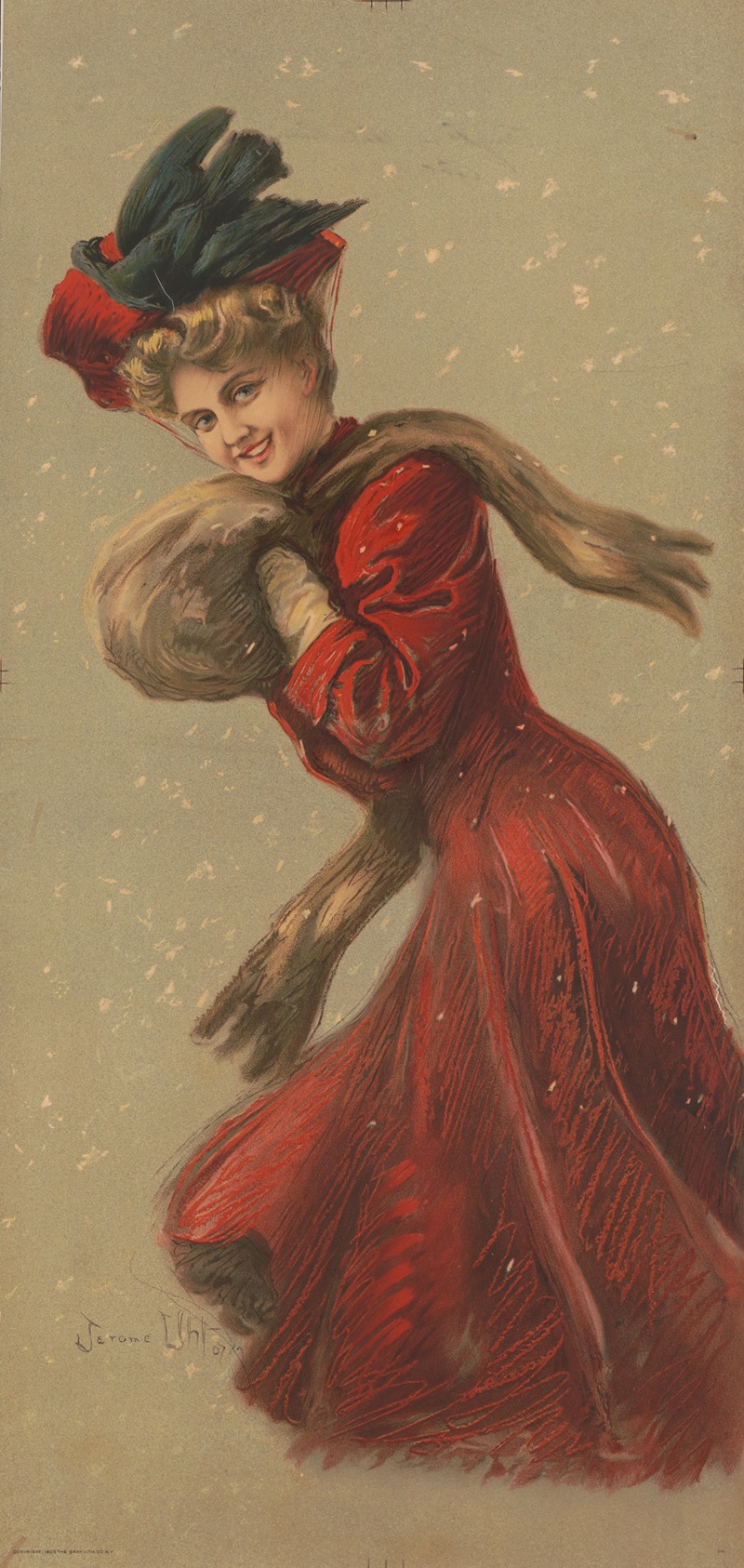 Gray Litho. Co - Woman wearing red coat and hat with fur muffler in the snow